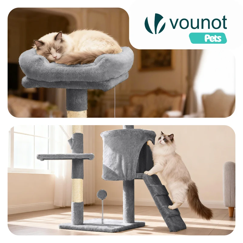 Arbre a chat 112cm multi niveaux Griffoir et niche Gris