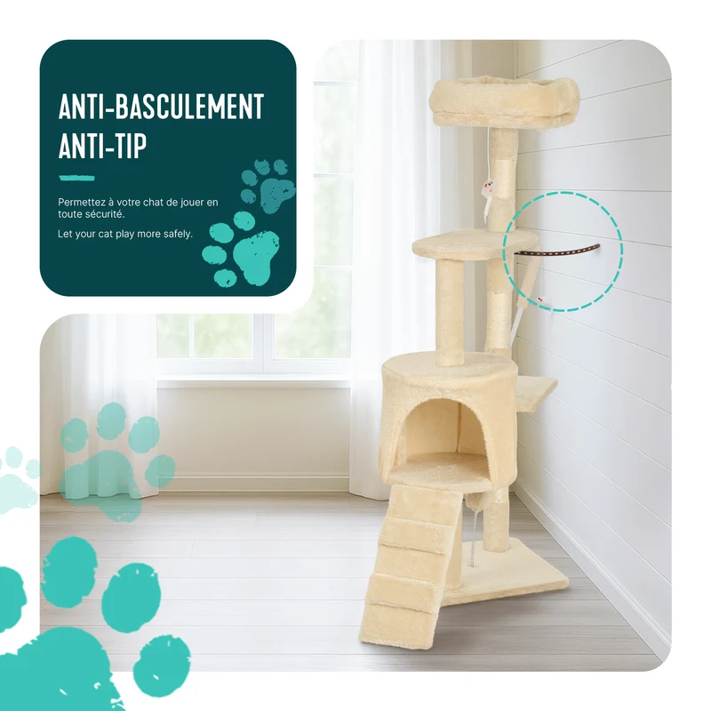 Arbre a chat 112cm multi niveaux Griffoir et niche Beige