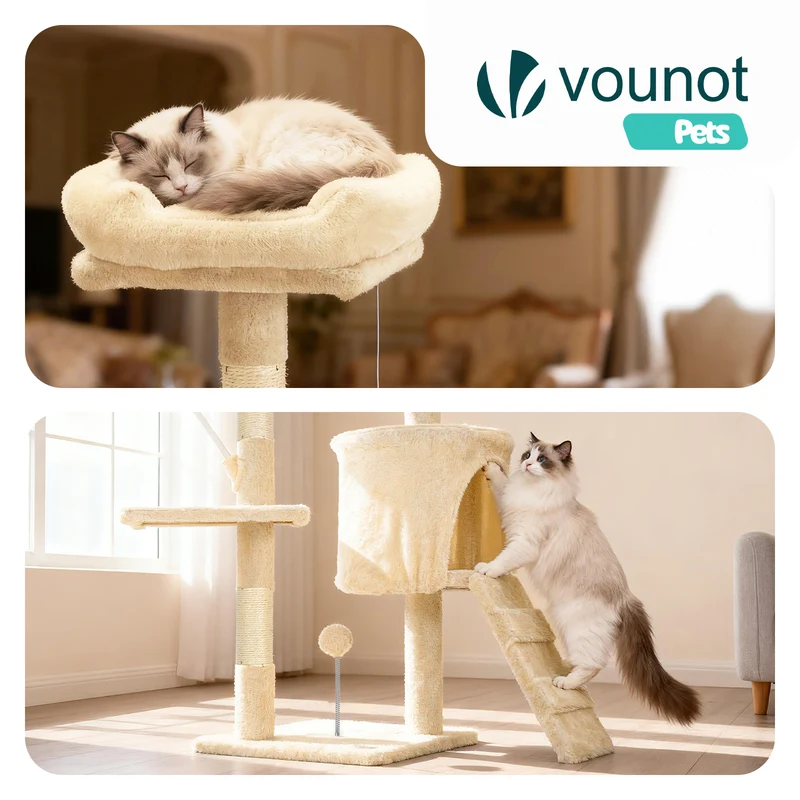 Arbre a chat 112cm multi niveaux Griffoir et niche Beige