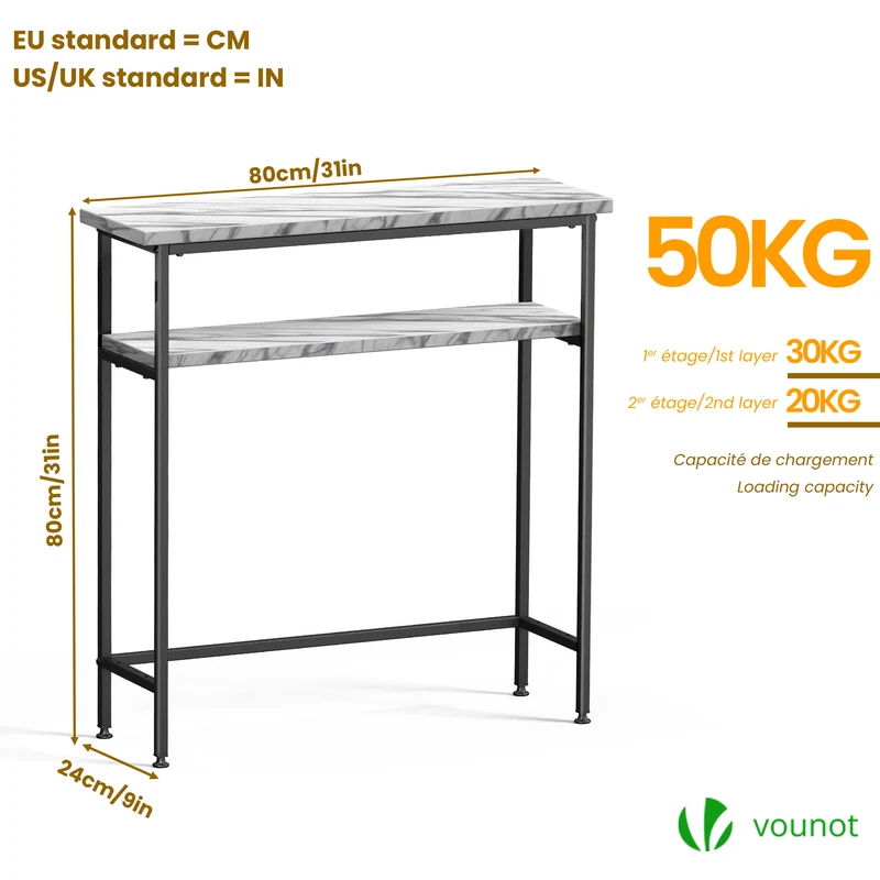 Console table 2 niveaux style industriel en metal et MDF 80x24x80 cm Blanc