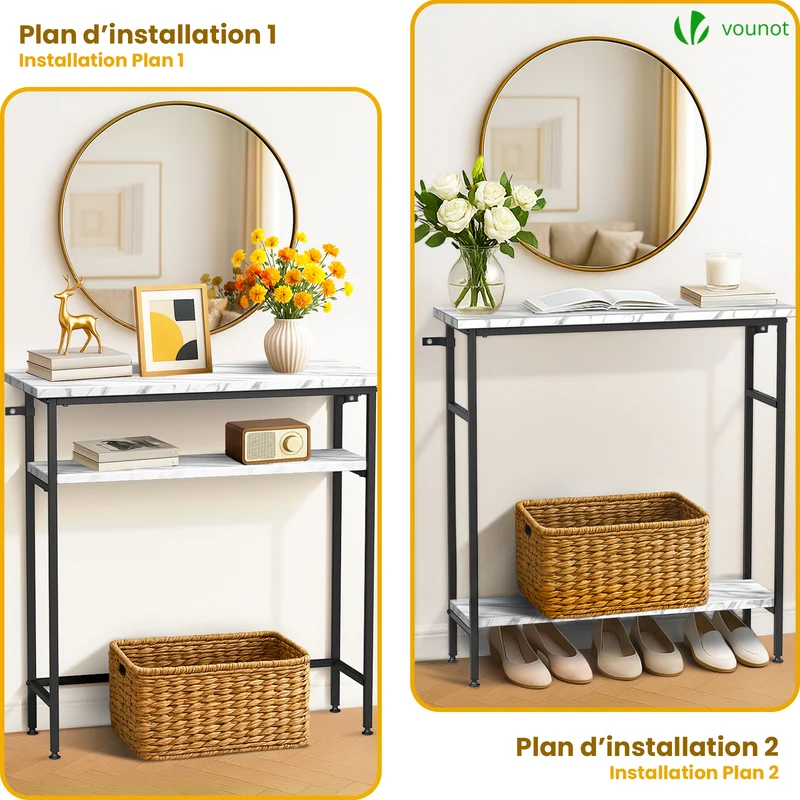 Console table 2 niveaux style industriel en metal et MDF 80x24x80 cm Blanc