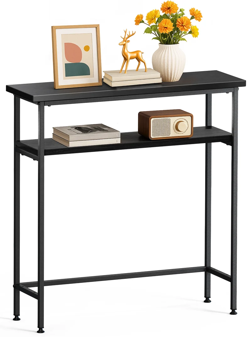 Console table 2 niveaux style industriel en metal et MDF 80x24x80 cm Noir