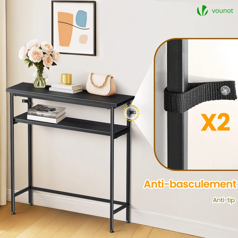 Console table 2 niveaux style industriel en metal et MDF 80x24x80 cm Noir