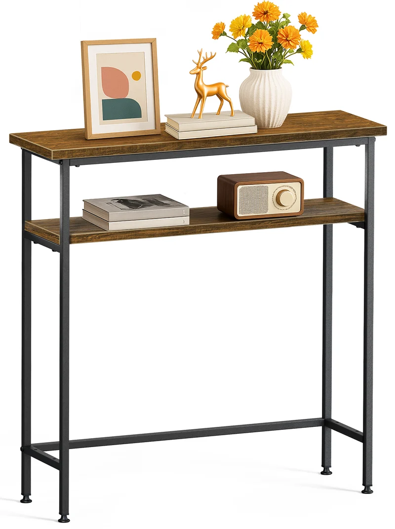 Console table 2 niveaux style industriel en metal et MDF 80x24x80 cm Marron