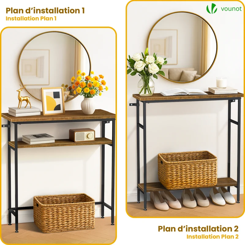 Console table 2 niveaux style industriel en metal et MDF 80x24x80 cm Marron