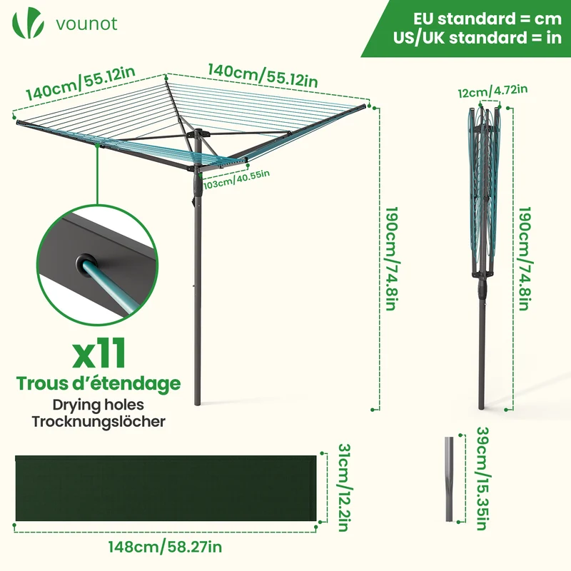 Etendoir a Linge Exterieur Rotatif avec housse de protection et Surface etendage 45m Gris