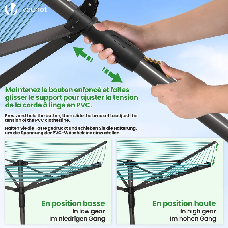 Etendoir a Linge Exterieur Rotatif avec housse de protection et Surface etendage 45m Gris