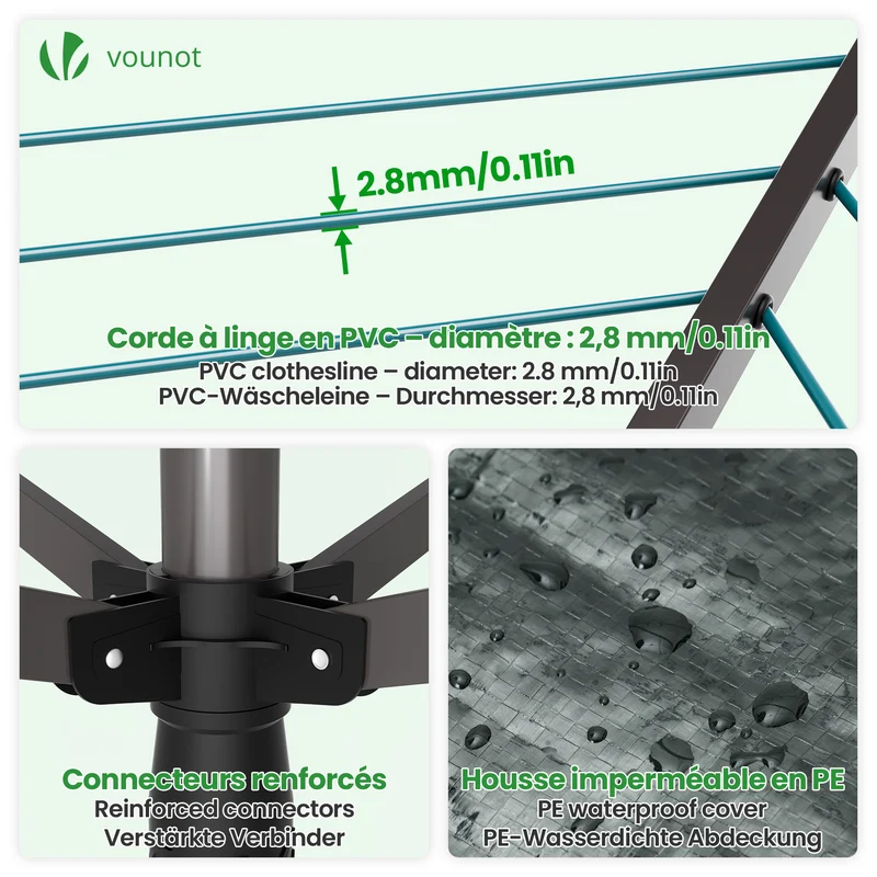 Etendoir a Linge Exterieur Rotatif avec housse de protection et Surface etendage 45m Gris