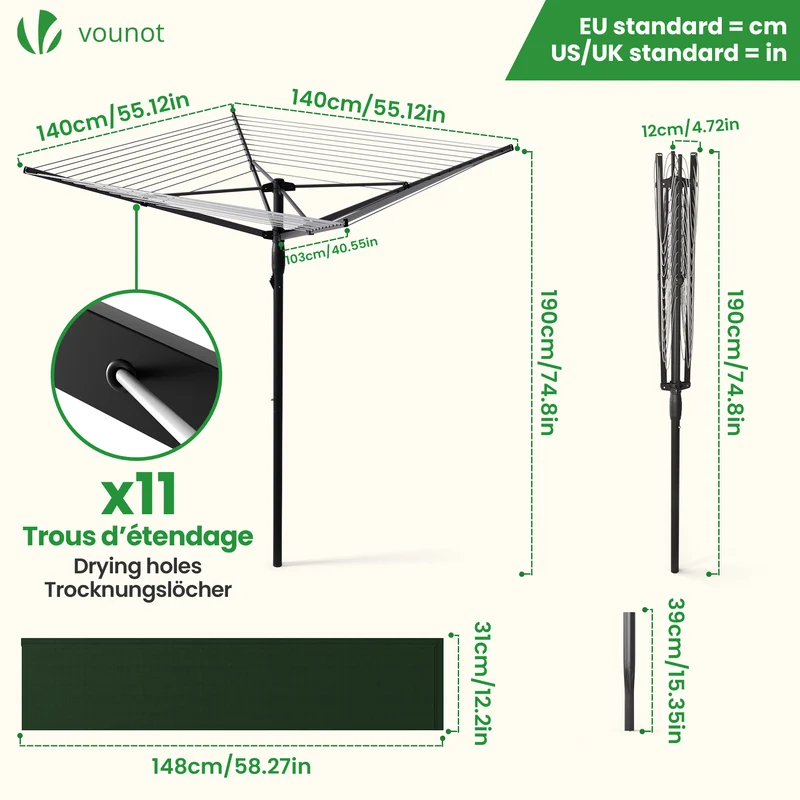 Etendoir a Linge Exterieur Rotatif avec housse de protection et Surface etendage 45m Noir