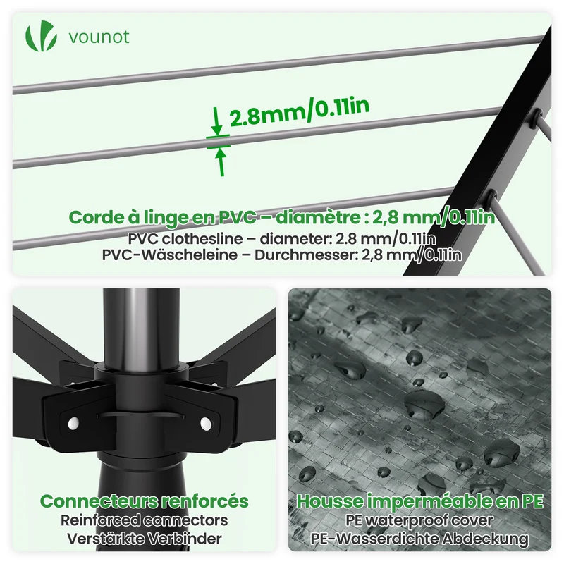 Etendoir a Linge Exterieur Rotatif avec housse de protection et Surface etendage 45m Noir