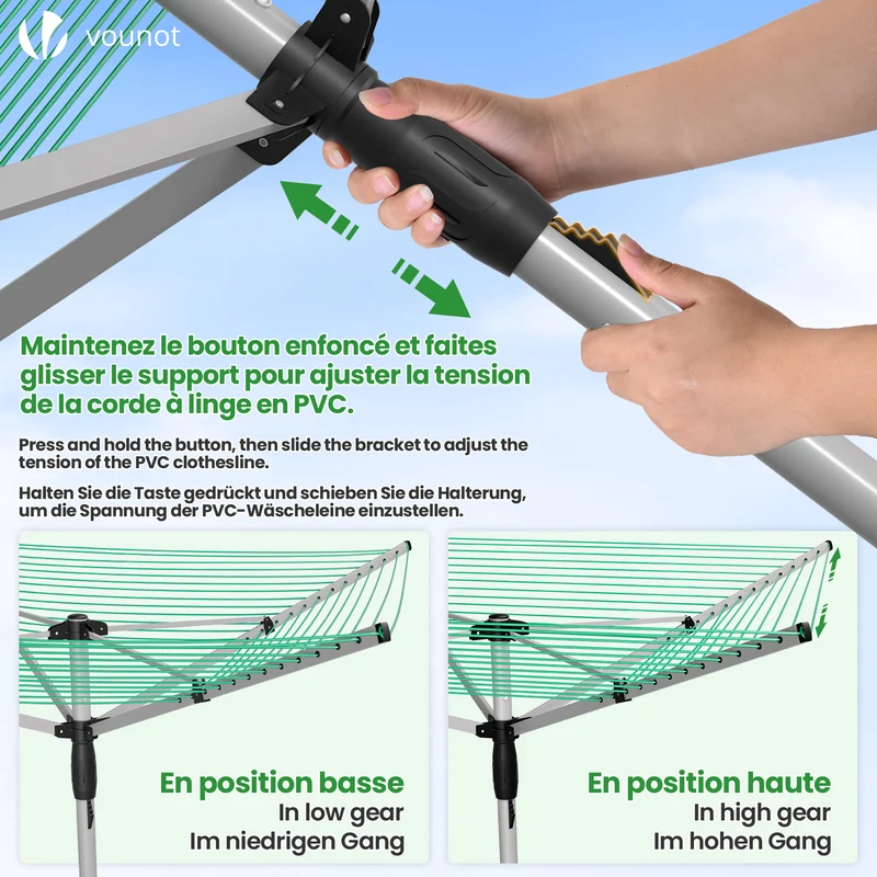 Etendoir a Linge Exterieur Rotatif avec housse de protection et Surface etendage 50m Argent Vert