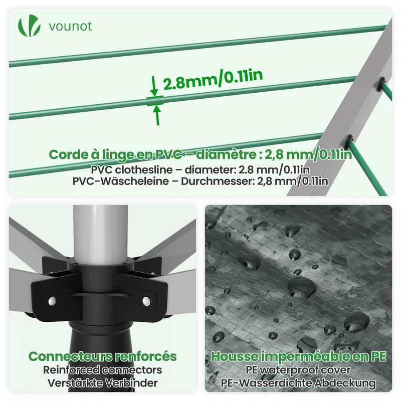 Etendoir a Linge Exterieur Rotatif avec housse de protection et Surface etendage 50m Argent Vert