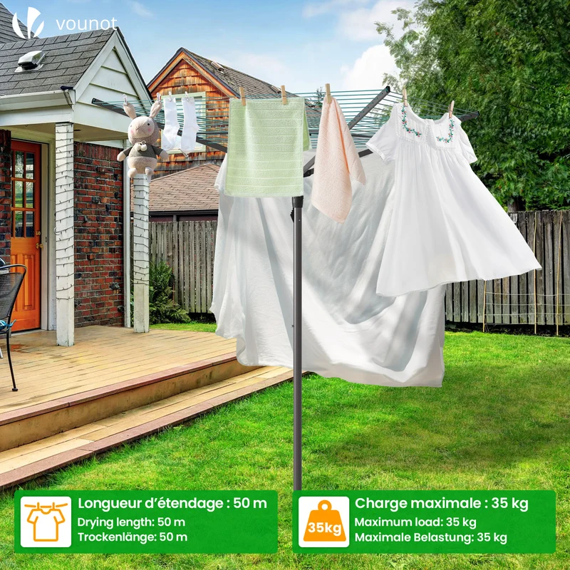 Etendoir a Linge Exterieur Rotatif avec housse de protection et Surface etendage 50m Gris