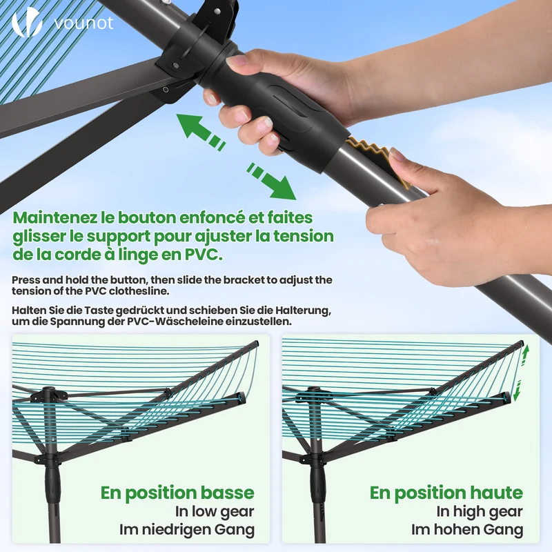 Etendoir a Linge Exterieur Rotatif avec housse de protection et Surface etendage 50m Gris