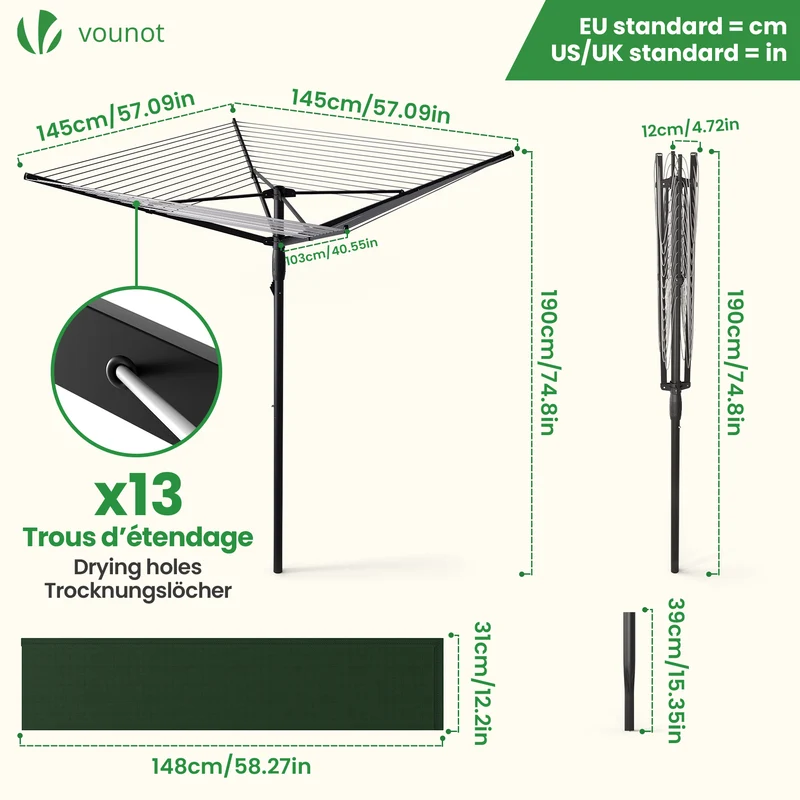 Etendoir a Linge Exterieur Rotatif avec housse de protection et Surface etendage 50m Noir