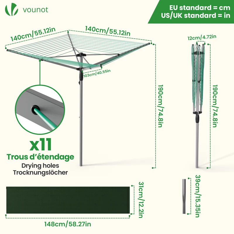 Etendoir a Linge Exterieur Rotatif avec housse de protection et Surface etendage 45m Argent Vert
