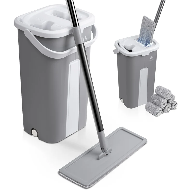 Balai microfibre et Seau Essoreur avec 6 serpillères Réutilisables Balai Plat Double compartiment gris