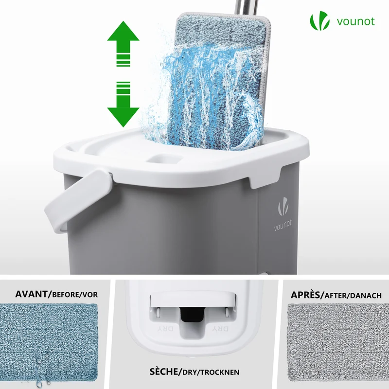 Balai microfibre et Seau Essoreur avec 6 serpillères Réutilisables Balai Plat Double compartiment gris