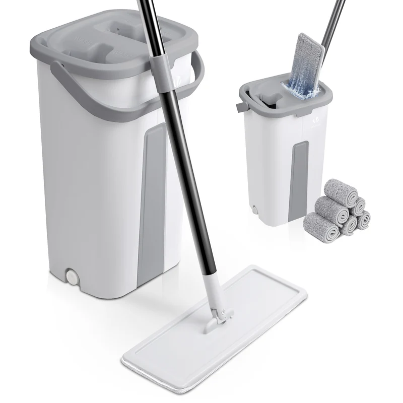 Balai microfibre et Seau Essoreur avec 6 serpillères Réutilisables Balai Plat Double compartiment blanc