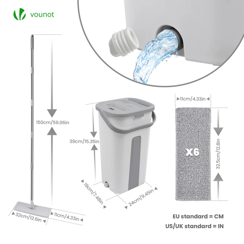 Balai microfibre et Seau Essoreur avec 6 serpillères Réutilisables Balai Plat Double compartiment blanc