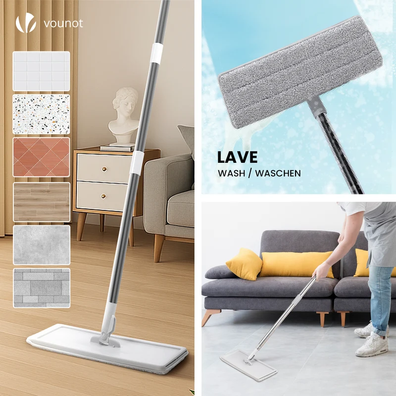 Balai microfibre et Seau Essoreur avec 6 serpillères Réutilisables Balai Plat Double compartiment blanc
