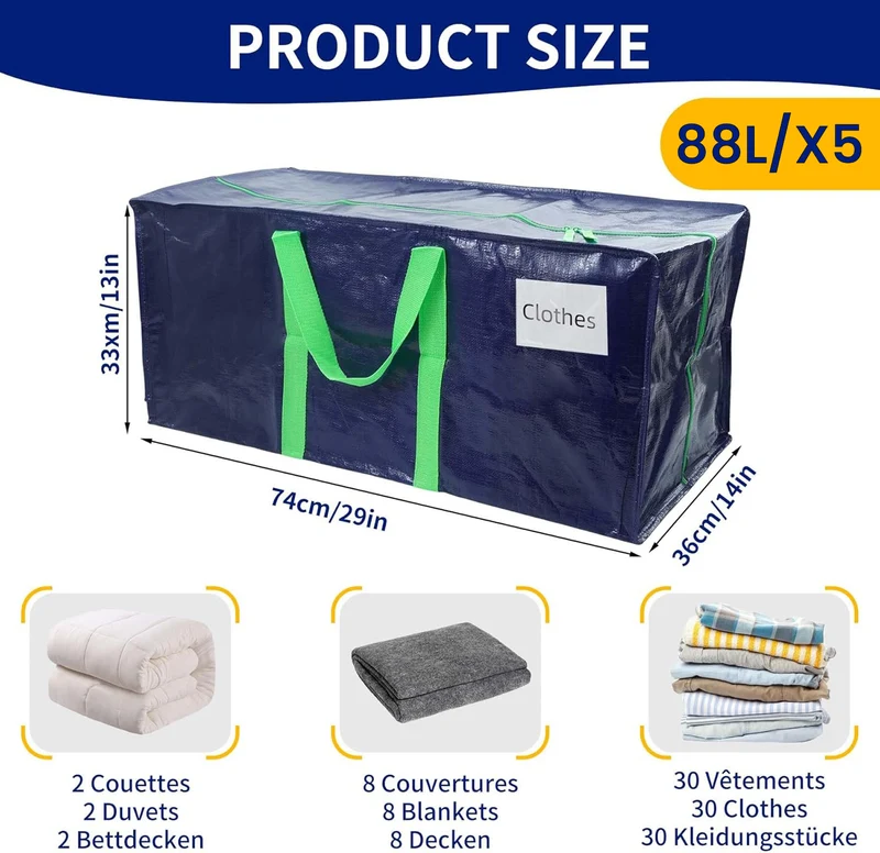 Lot de 5 sacs de demenagement grand format avec sangles et poignee bleu