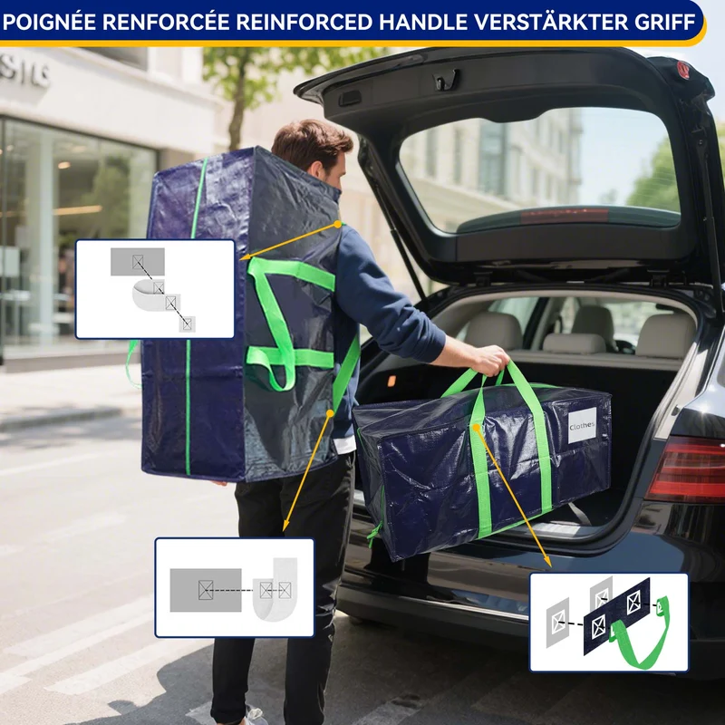 Lot de 5 sacs de demenagement grand format avec sangles et poignee bleu