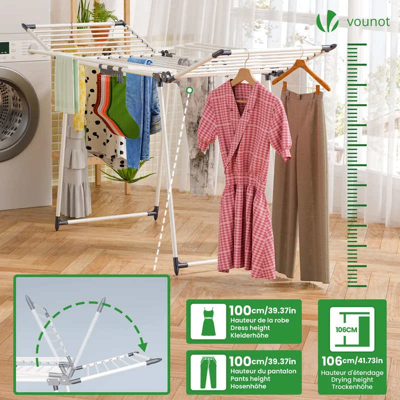 Sechoir a linge etendoir sur pied avec ailes hautes 175x92x106cm Blanc