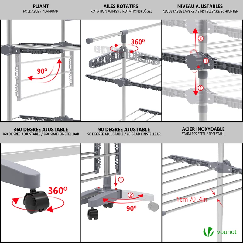 Sechoir a linge inox etendoir robuste ailes pliables 3 niveaux