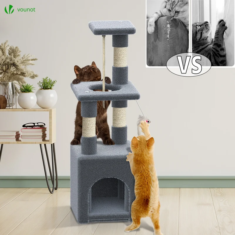 Arbre à Chat 88cm avec Corde Griffoir Plateforme Niche Gris