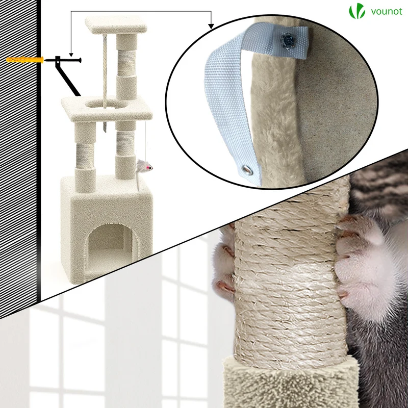 Arbre à Chat 88cm avec Corde Griffoir Plateforme Niche Beige