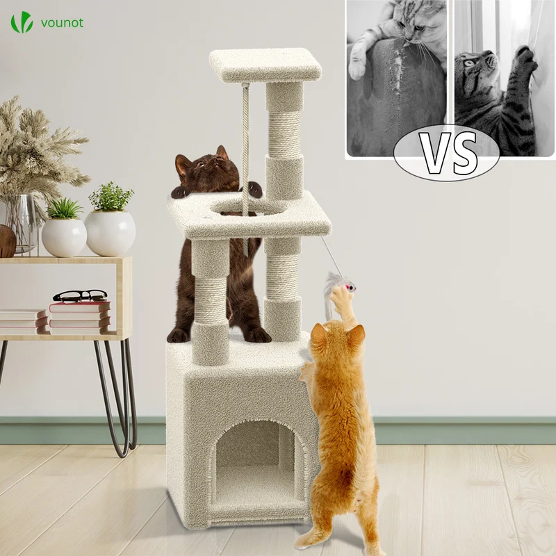 Arbre à Chat 88cm avec Corde Griffoir Plateforme Niche Beige