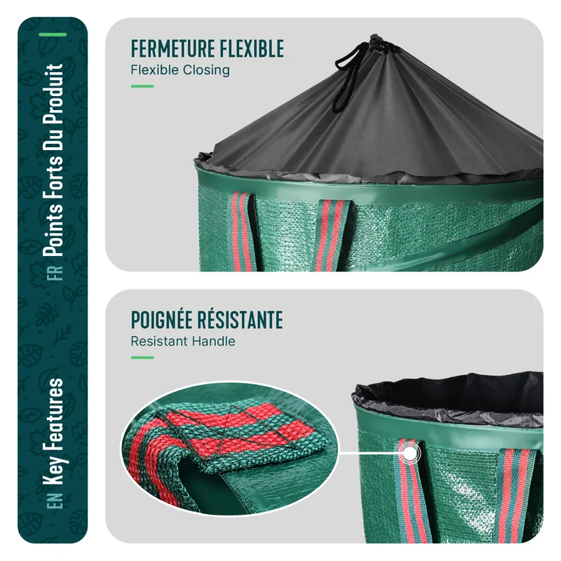 Lot de 3 Sac de Jardin Pop up 170L en Polyéthylène avec Poignées