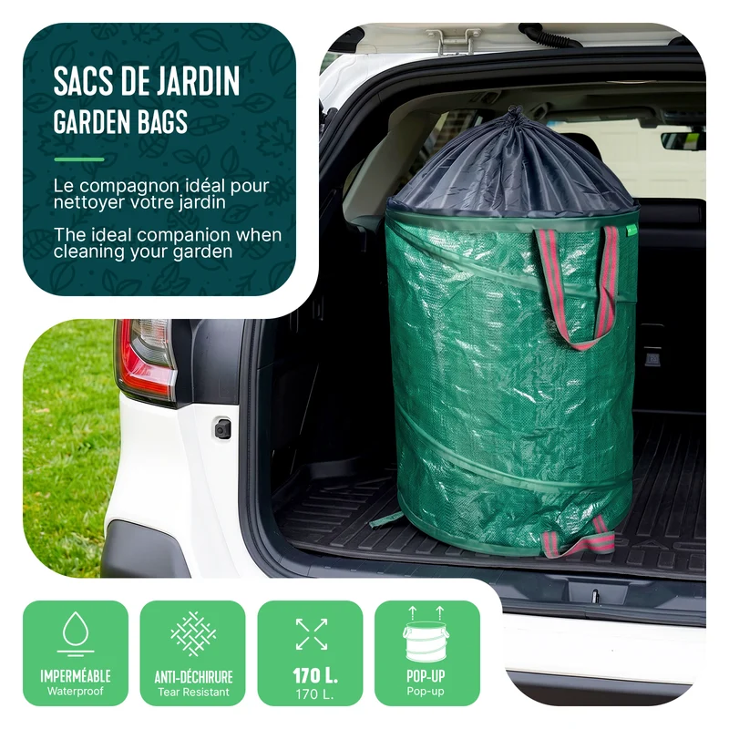 Lot de 3 Sac de Jardin Pop up 170L en Polyéthylène avec Poignées