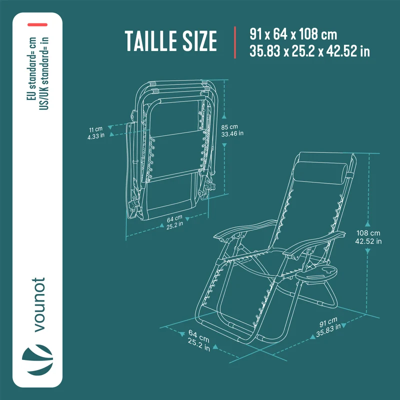 Chaise Longue inclinable en testilene avec porte gobelet et portable Noir Lot de 2