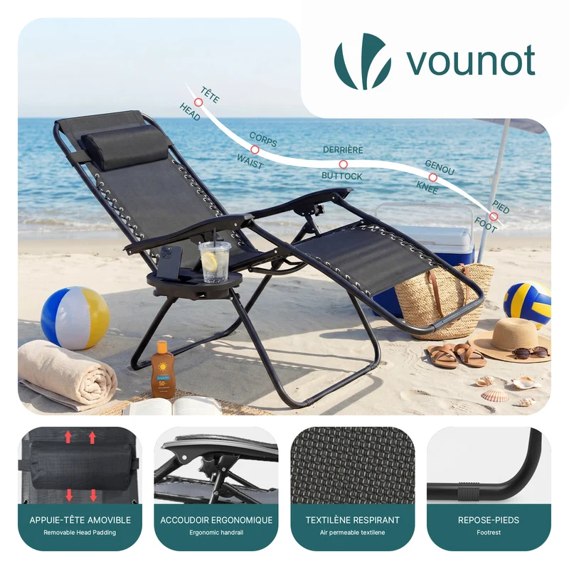 Chaise Longue inclinable en testilene avec porte gobelet et portable Noir Lot de 2