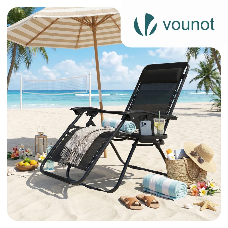 Chaise Longue inclinable en textilene avec porte gobelet et portable Noir