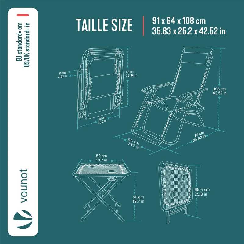 Lot de 2 Chaise longue inclinable en textilene avec table d'appoint porte gobelet et portable bleu