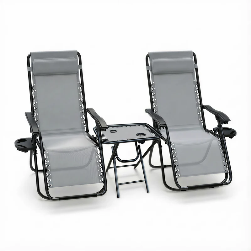 Lot de 2 Chaise longue inclinable en textilene avec table d'appoint porte gobelet et portable gris