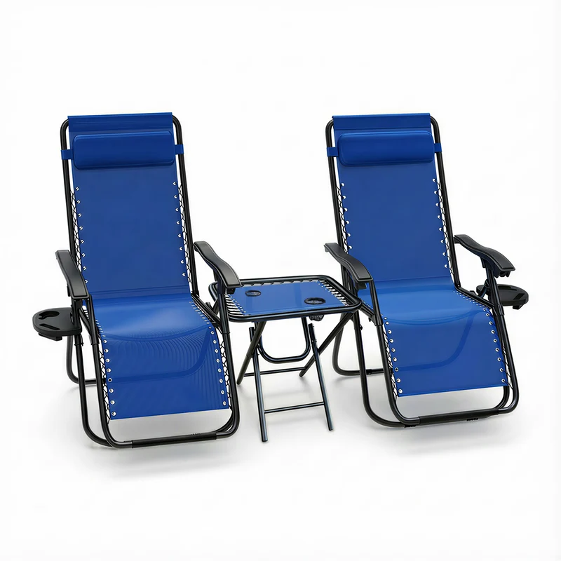 Lot de 2 Chaise longue inclinable en textilene avec table d'appoint porte gobelet et portable bleu
