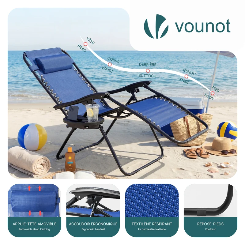 Lot de 2 Chaise longue inclinable en textilene avec table d'appoint porte gobelet et portable bleu