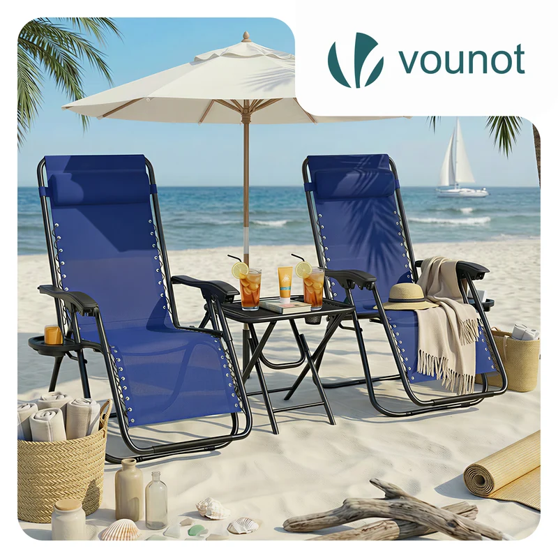 Lot de 2 Chaise longue inclinable en textilene avec table d'appoint porte gobelet et portable bleu