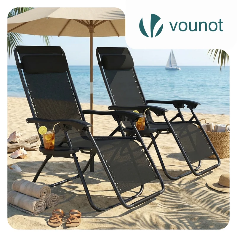 Chaise Longue inclinable en testilene avec porte gobelet et portable Noir Lot de 2