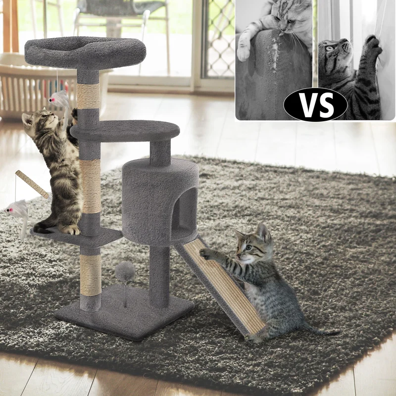 Arbre à Chat 112cm avec Griffoir Plateforme Niche L Gris
