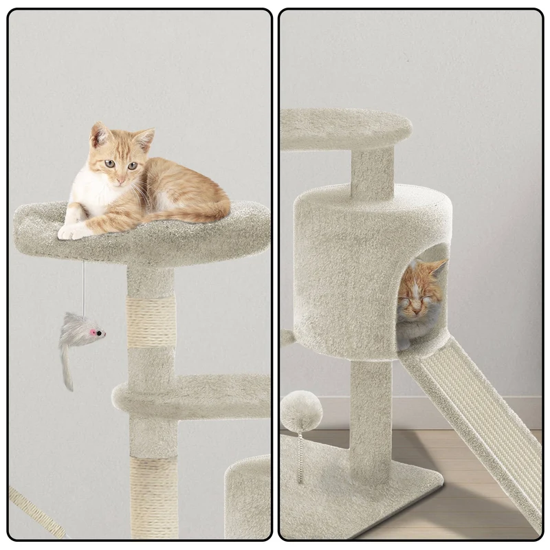 Arbre à Chat 112cm avec Griffoir Plateforme Niche L Beige