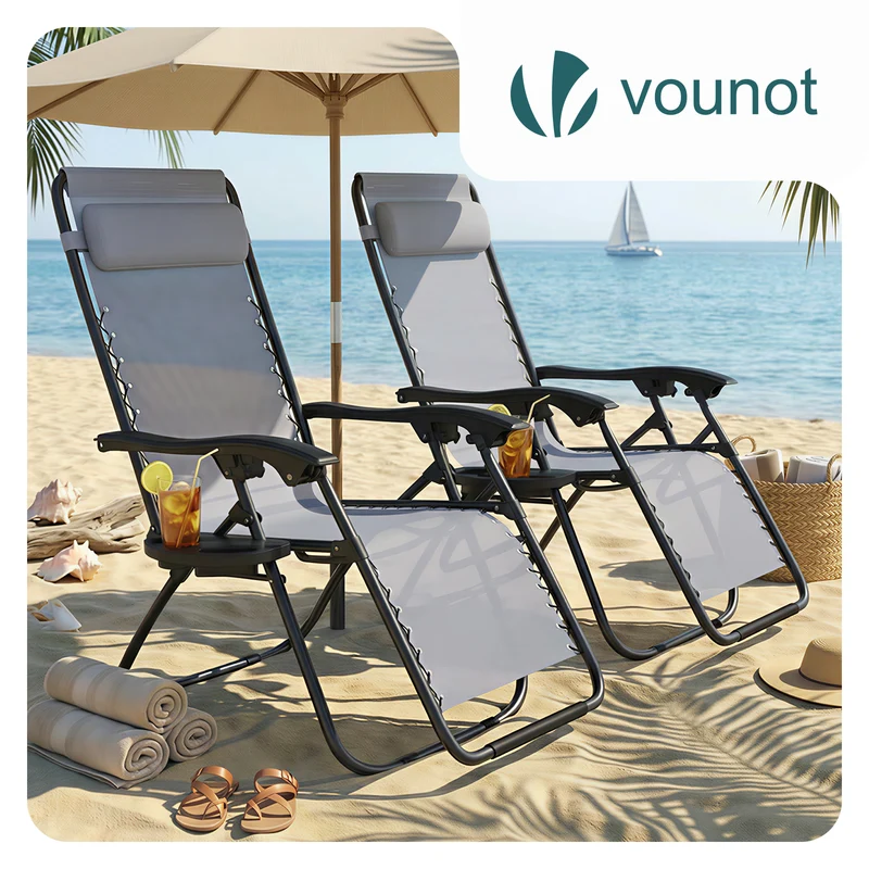Chaise longue inclinable en textilene avec porte gobelet et portable gris Lot de 2