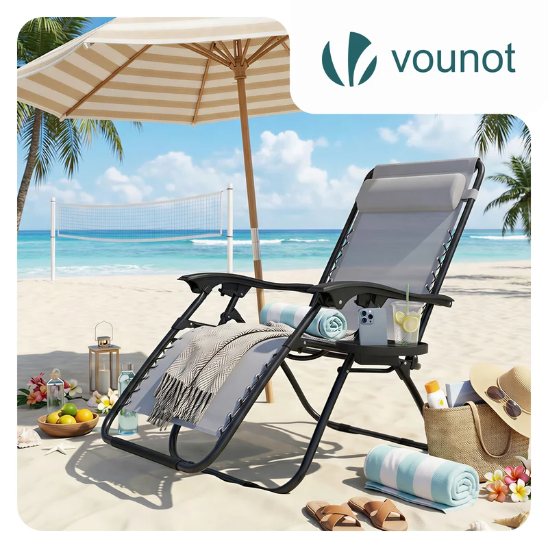Chaise longue inclinable en textilene avec porte gobelet et portable gris