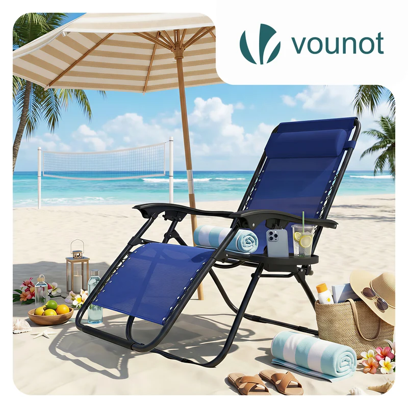 Chaise longue inclinable en textilene avec porte gobelet et portable bleue