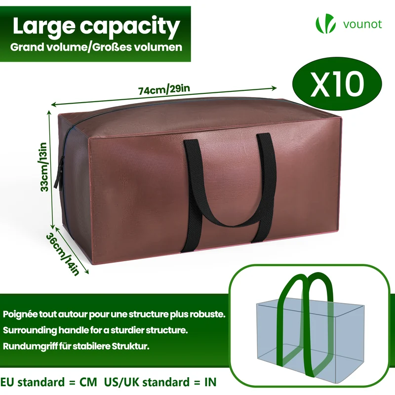 Lot de 10 sacs de demenagement grand format avec sangles et poignee marron
