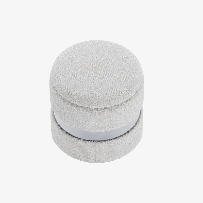 Pouf rond bouclette & métal argenté avec rangement